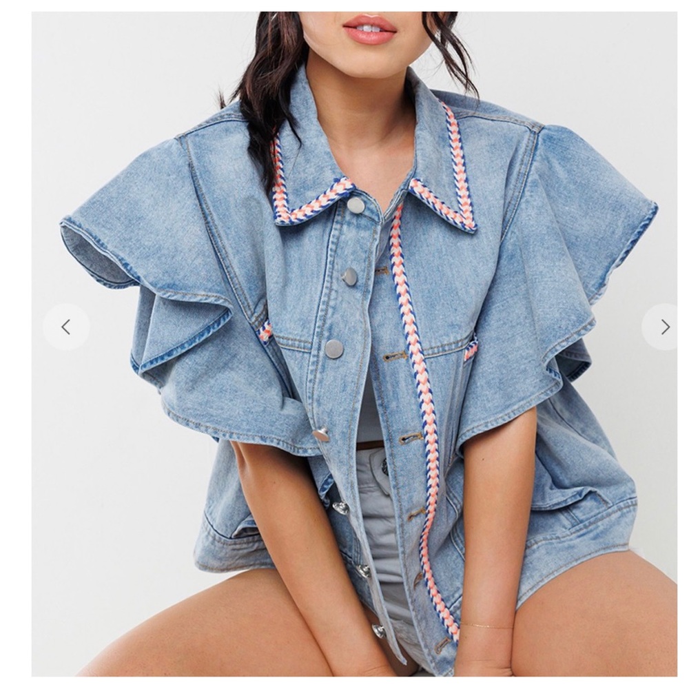 30 Boho Denim Big Ruffle Sleeve Vest Jacket - Picture 4 of 7